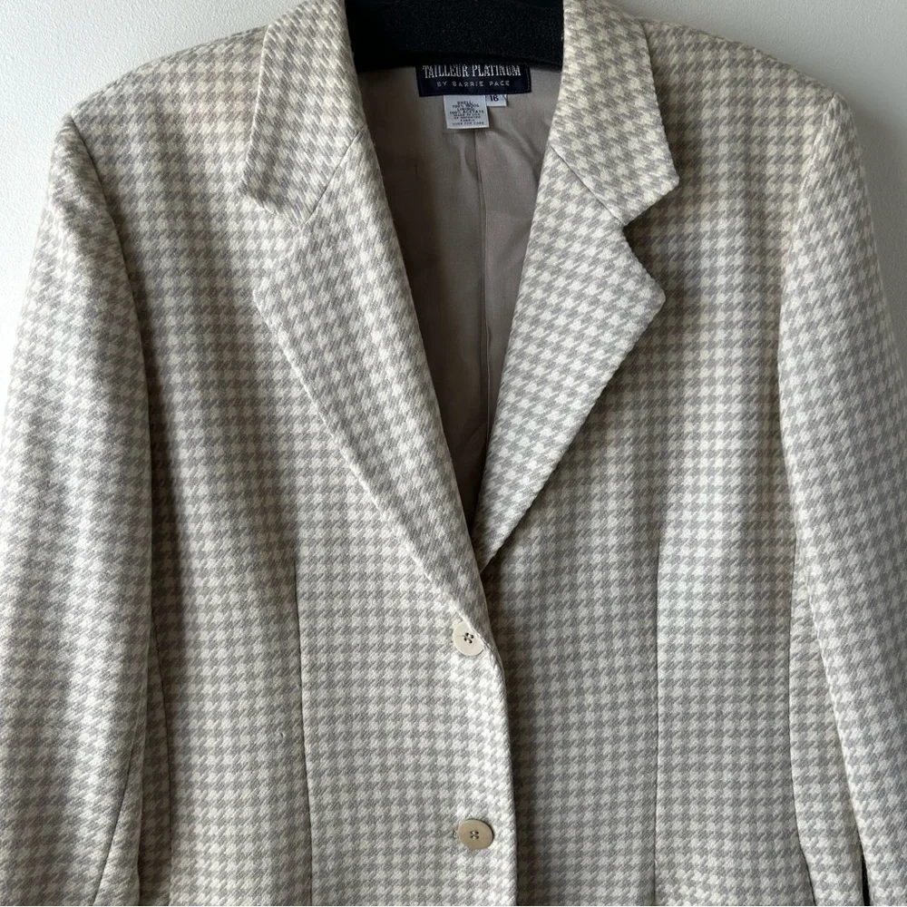 Tailleur Platinum by Barrie Pace Vintage 100% Wool Blazer Houndstooth Cream 16
